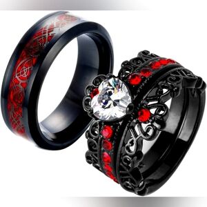 Gothic Romance Red Gemstone Black Wedding Ring Set & Men's Wedding Band